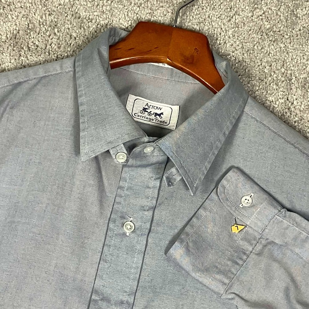 Vintage Arrow OCBD Shirt Mens 16-34 Blue Carriage Trade Pima 80s Chin Strap